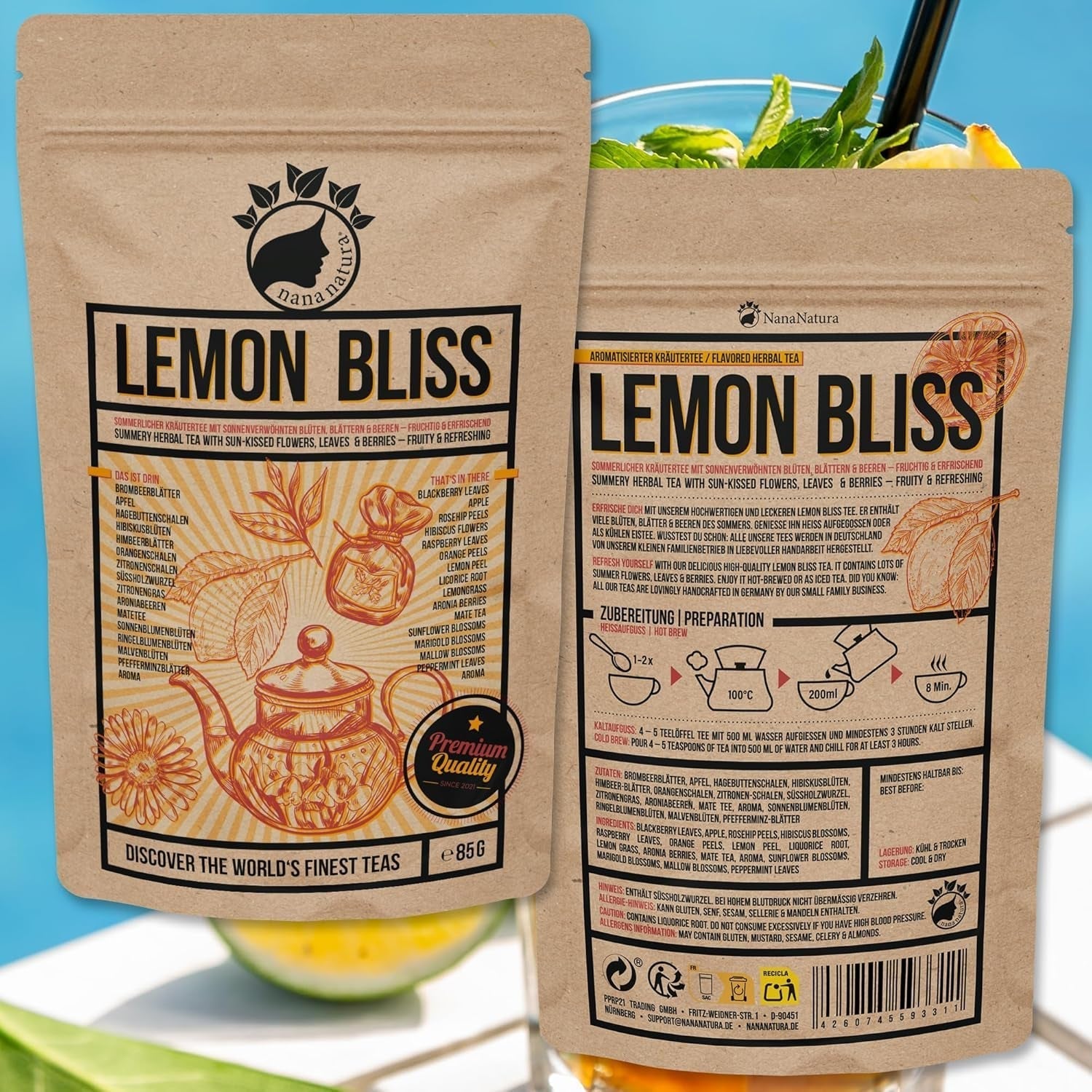 Nananatura'S Originele CITROEN BLISS THEE 85G | Fruitige en verfrissende zomerkruidenthee | Als koude thee, ijsthee of klassiek heet | Met bloemen, bladeren en zongerijpte bessen | Geen suiker