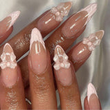 24pcs Witte Amandelpers op Franse nagels met strikken Parels Nepnagels Lijm op valse nageltips Glitternagels