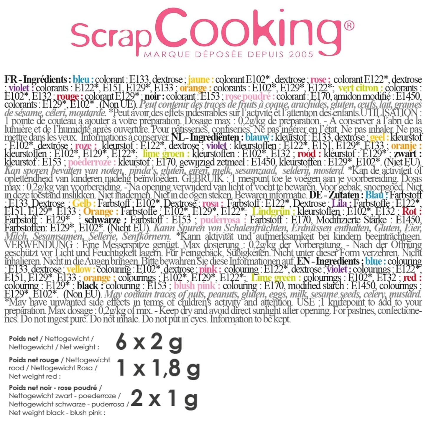 Scrapcooking - Set van 9 poedervormige kleurstoffen voor levensmiddelen - Blauw, Geel, Roze, Paars, Oranje, Limoengroen, Rood, Poederroze, Zwart - Eetbare kleurpoeder voor cakes, muffins, macarons - 4270