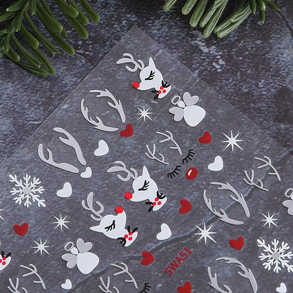 Cartoon Sneeuwvlok Nagelstickers, Kerstnagelstickers, Zelfklevend, Kerstnagelontwerpen, Nagelkunst, Herten, Sneeuwvlokken, Kerstnagelstickers, Winternagelaccessoires