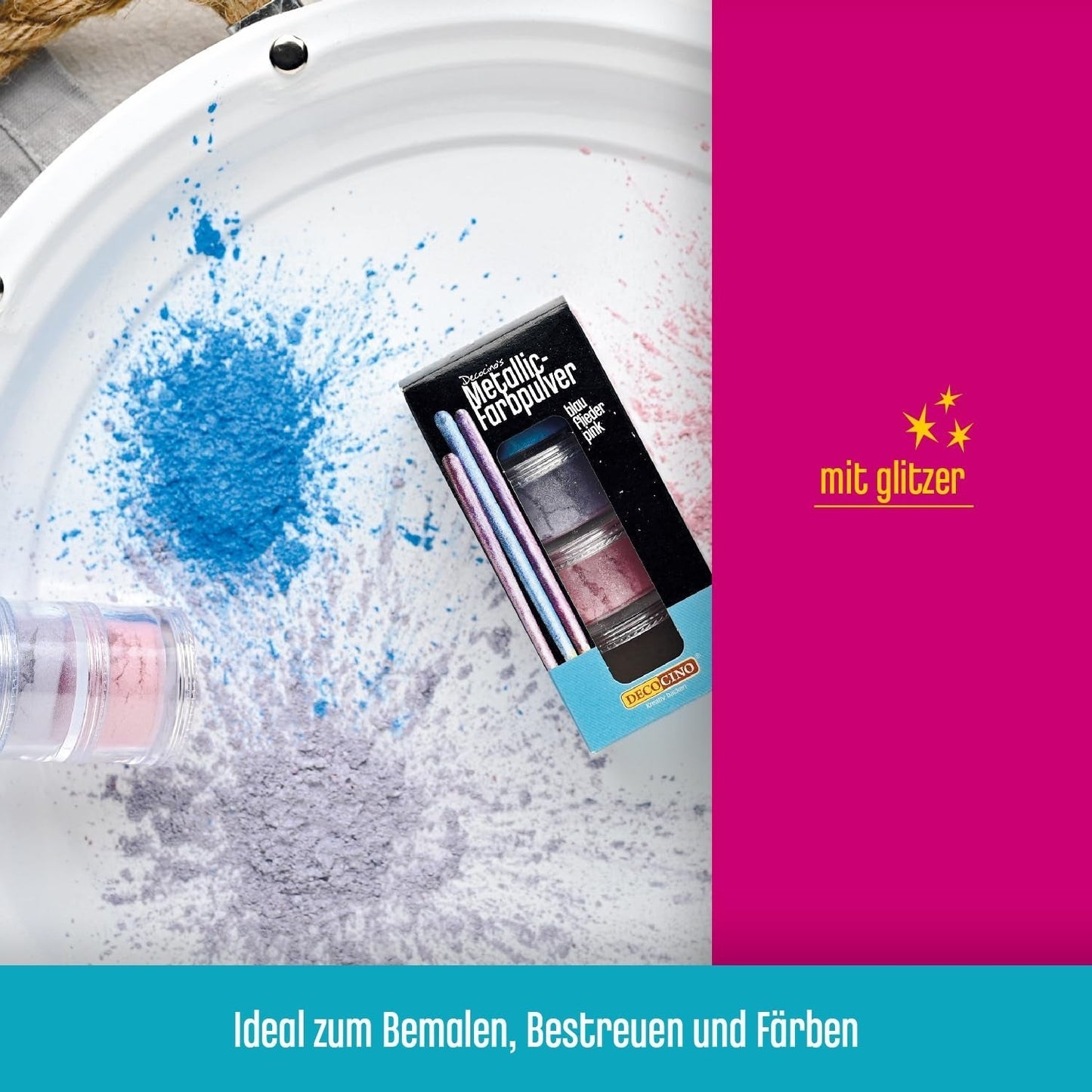 DECOCINO Metallic pastelkleurpoeder (3X2G) – Blauw, Lila en Roze – Kleurstofpoeder voor levensmiddelen – Glitterpoeder Geschikt voor fondant als taartversiering en taartdecoratie!