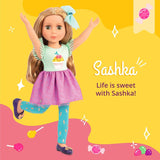 Glitter Girls - Sashka - 36 cm Bewegliche Modepuppe - Blond Haar en Groen Augen - Cupcake-Kleid met Haarschleife - Glitzerschuhe & Gepunktete-Leggings - 3 Jahre +