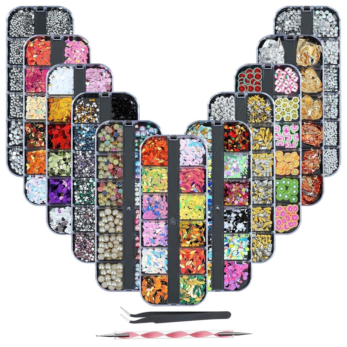 8 Boxen Nail Art Strass Kit - Nail Art Gemischt Strass Set, Nagel Kunst Strasssteine ​​Gems Perlen Edelsteine ​​Bunt Pferdeaugen Strass voor Nageldesign Zubehör Met 1 Pinzetten en 1 Strass Picker voor DIY