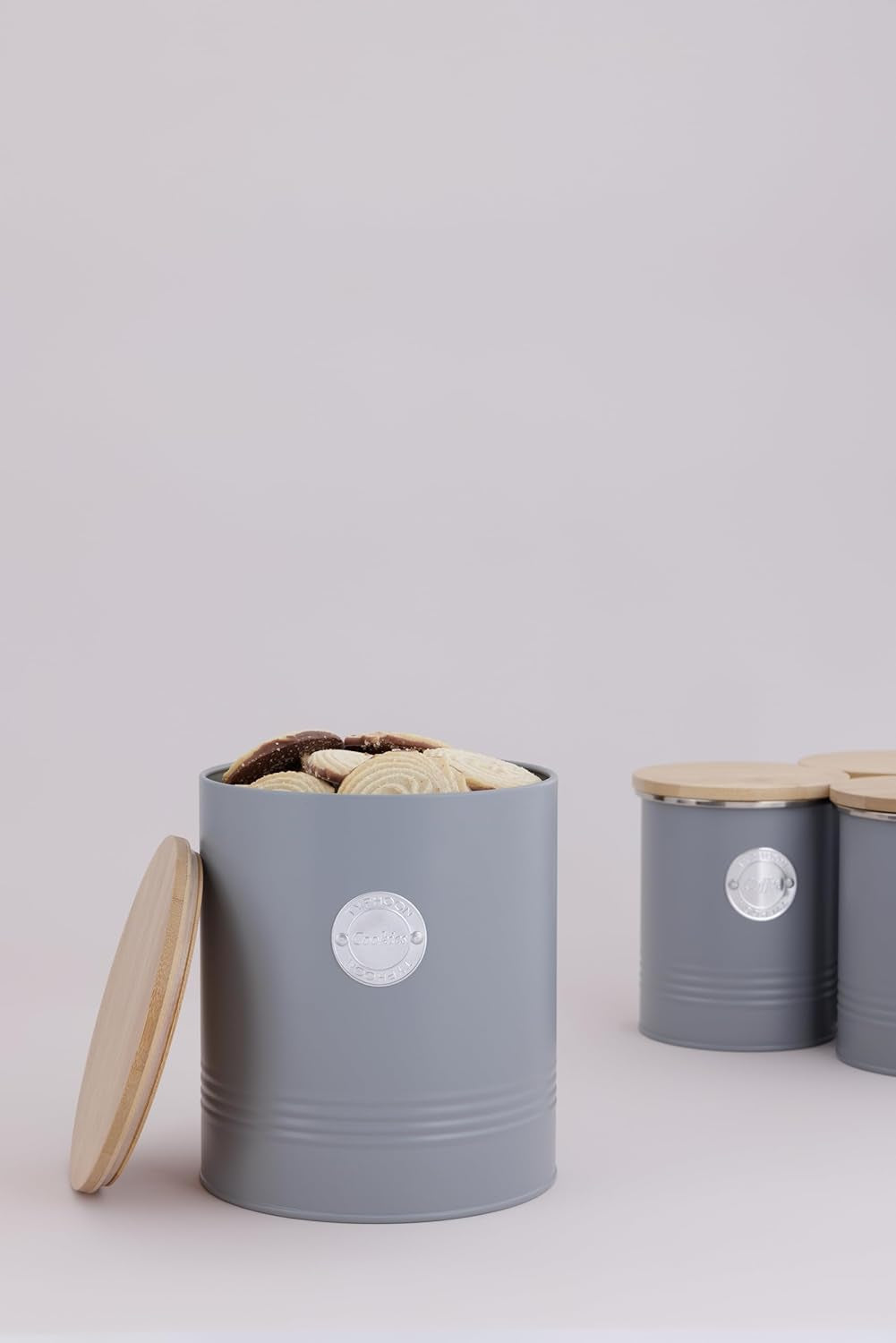 LIVING collectie, koektrommel met deksel | pastelgrijs | Koekjesopbergdoos van 3,4 liter | stalen koektrommel met deksel | Bamboe luchtdichte voorraadpotten met deksels Naty Shop voedselbewaardozen