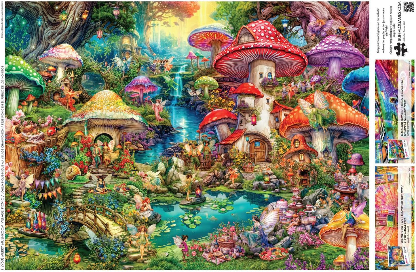 Buffalo Games - Aimee Stewart - Merry Mushroom Village Picnic - puzzel van 1000 stukjes voor volwassenen, uitdagende puzzel, perfect voor game-avonden - kant-en-klaar formaat 26,75 x 19,75 cm puzzel Naty Shop