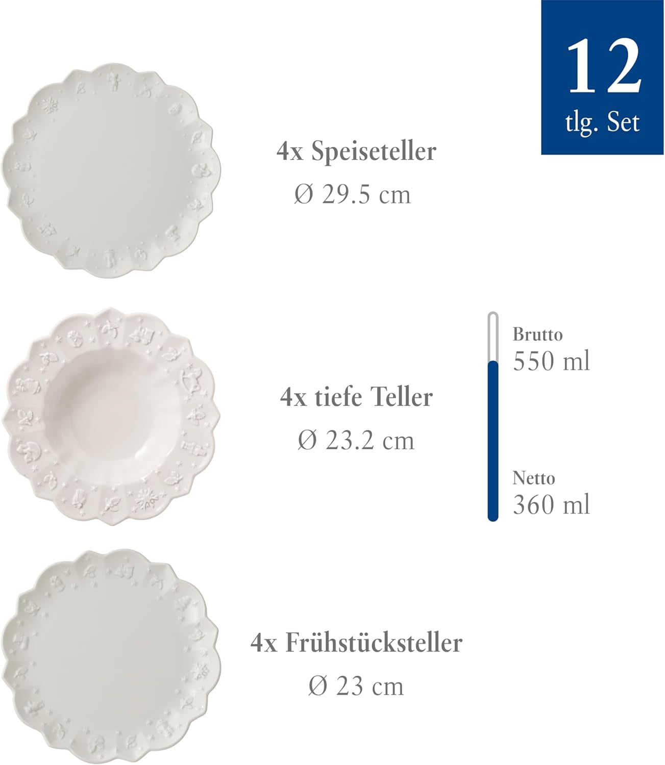 Villeroy & Boch Toy's Delight Royal Classic 12-delige serviesset, vaatwasser- en magnetronbestendig, wit, borden, 4-persoons serviesset, kerstservies, speelgoed, premium porselein