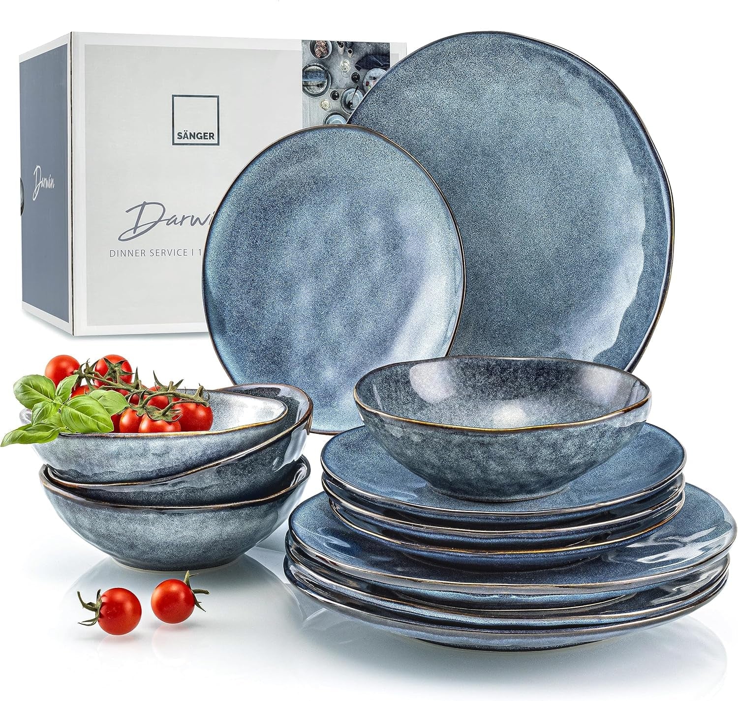 ZANGER | Darwin 12-delige serviesset, aardewerk serviesset voor 4 personen, blauwe serviesset inclusief dinerborden, dessertborden en soepborden, handgemaakte serviesset | DE PREMIUM COLLECTIE
