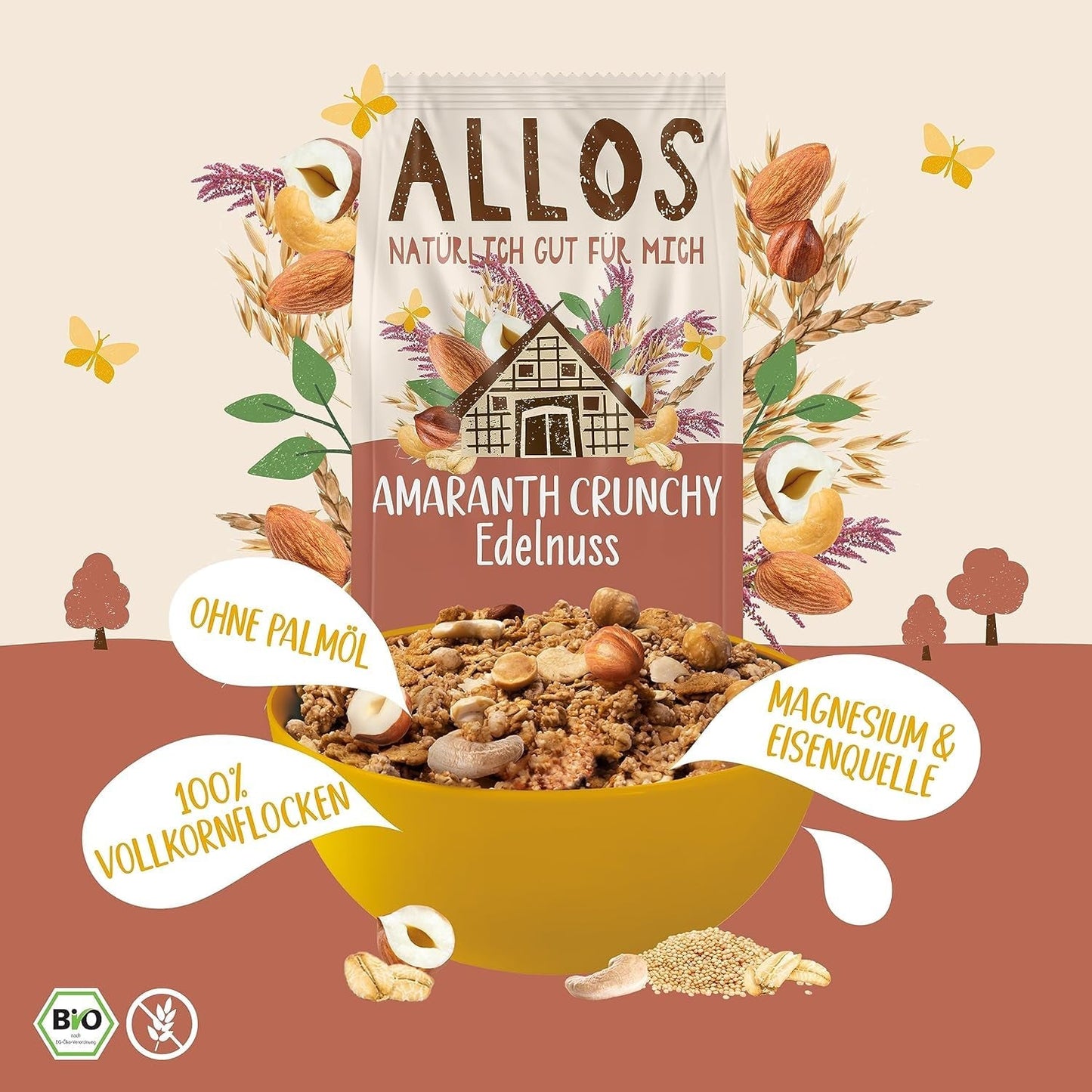 Premium knapperige muesli met walnoten en amarant Allos | Biologische Muesli | Muesli met noten | Havermout | Ontbijtgranen | Veganistisch | Pak van 6 (6 x 400 g)