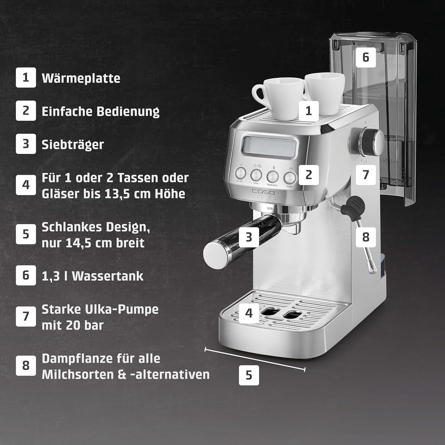CASO EspressoGourmet Crema - Portafilter espressomachine met melkopschuimer, espresso, cappuccino, roestvrijstalen portafilter, ULKA 20 bar pomp, koffiezetapparaat, gemalen koffie, ESE capsules