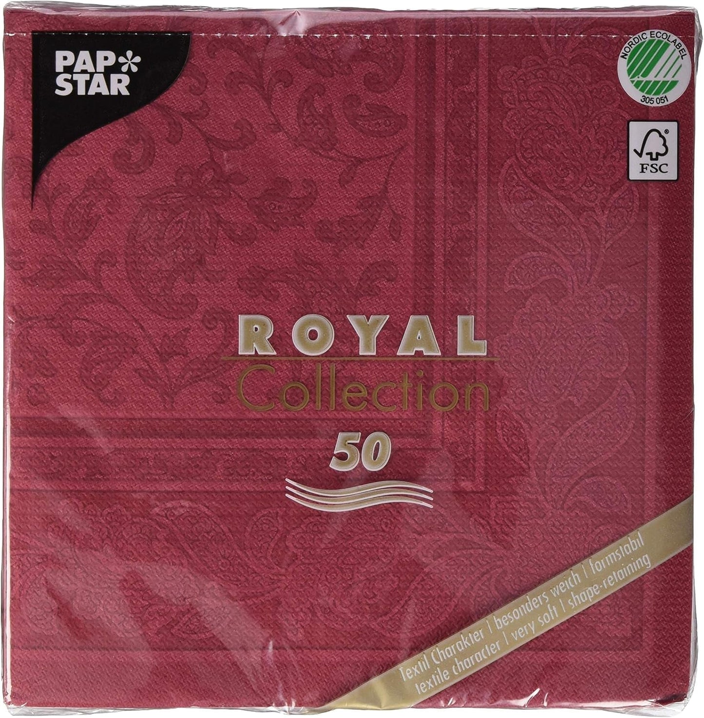 50 servetten "ROYAL Collection" 1/4 vouw 40 Cm X 40 Cm Bordeaux "Ornamenten"