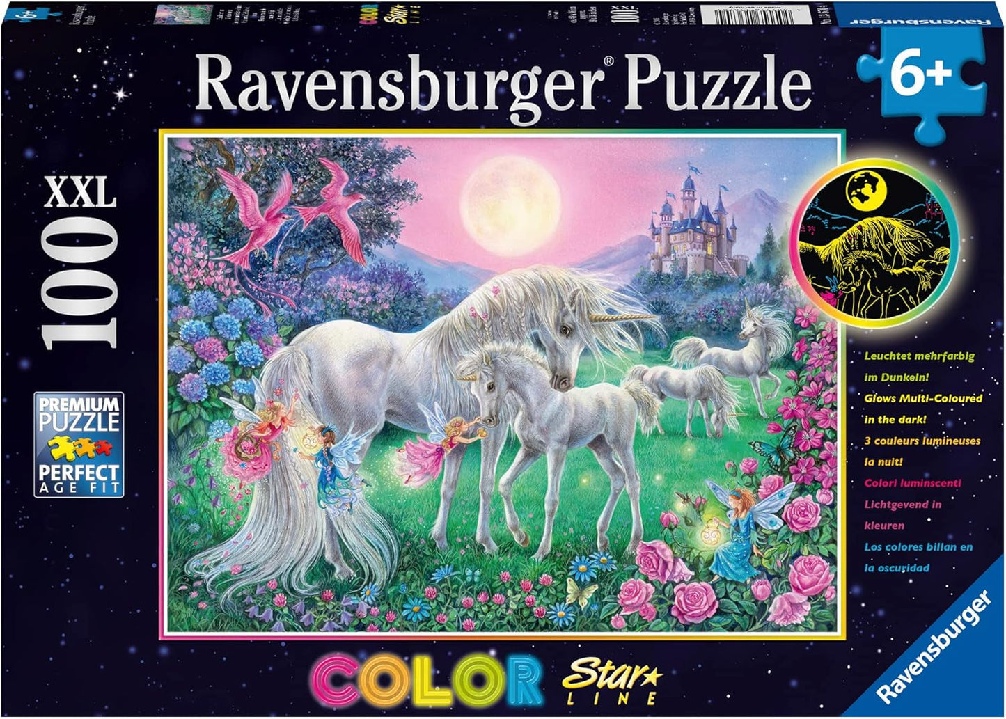 Ravensburger Kinderpuzzel - 13670 Eenhoorns in het maanlicht - Eenhoorn oplichtpuzzel voor kinderen 6+ 100-delige XXL-formaat, licht op in het donker Puzzel Naty Shop Eenhoorns in het maanlicht