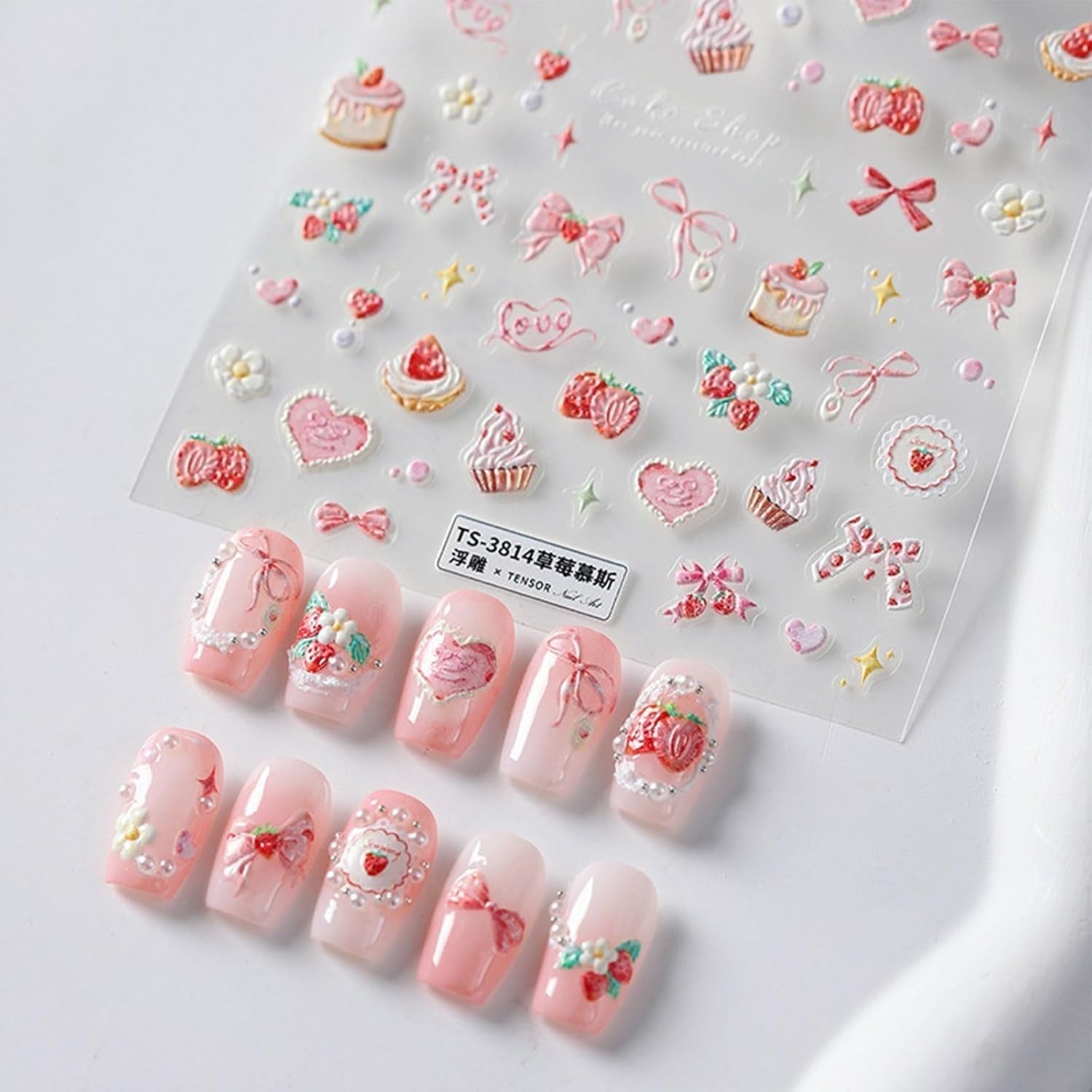JMEOWIO 3D Nagelsticker Rosa Nail Art Sticker Selbstklebend Nagelaufkleber 5D Stereoskopisch Kuchen Erdbeerschleife Decoratie Nageldesign Zubehör 1 Blatt