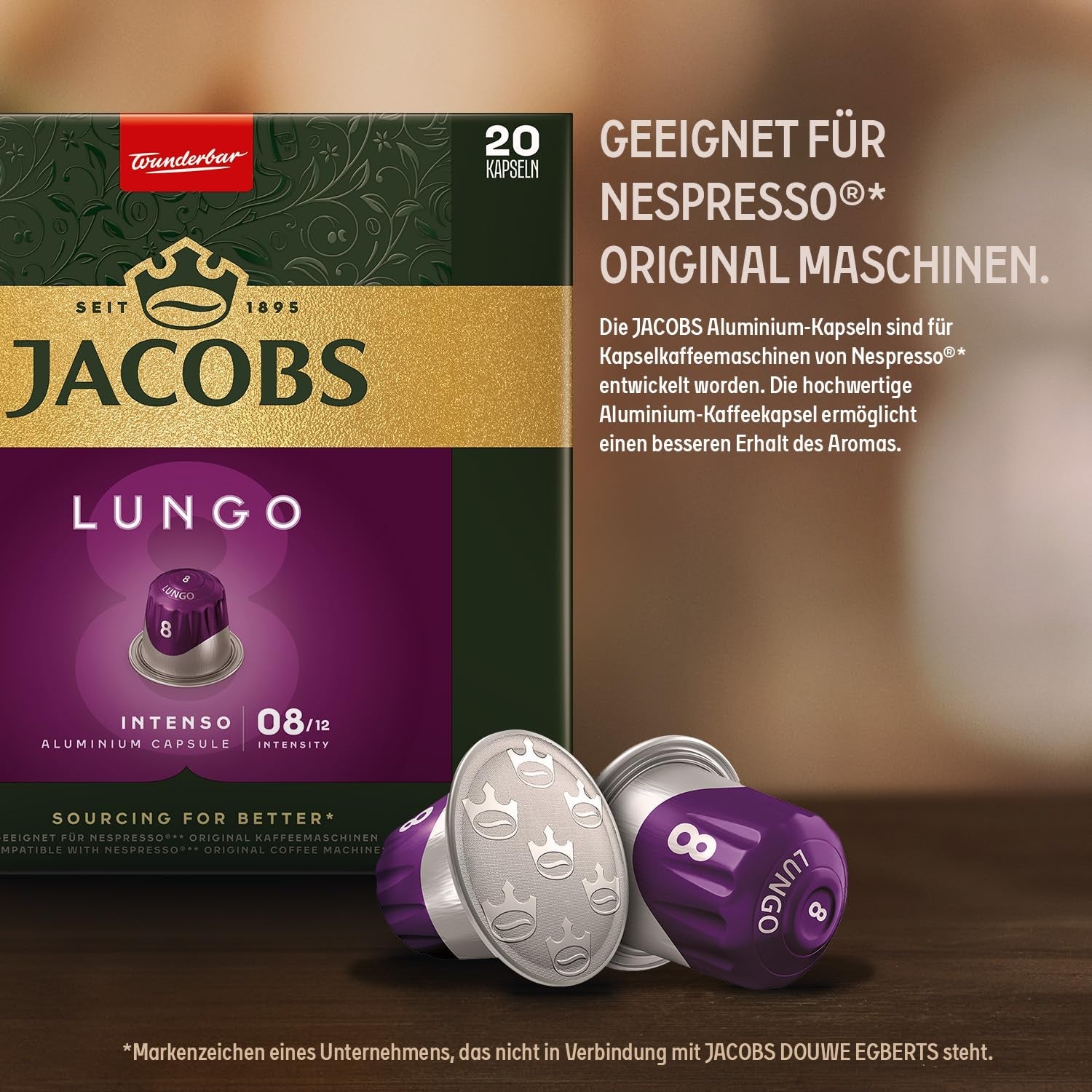 Jacobs Kaffeekapseln Lungo Intenso, Intensität 8/12, 10 x 20 Getränke, Nespresso* compatibel Kaffee Kapseln, 200 Kapseln