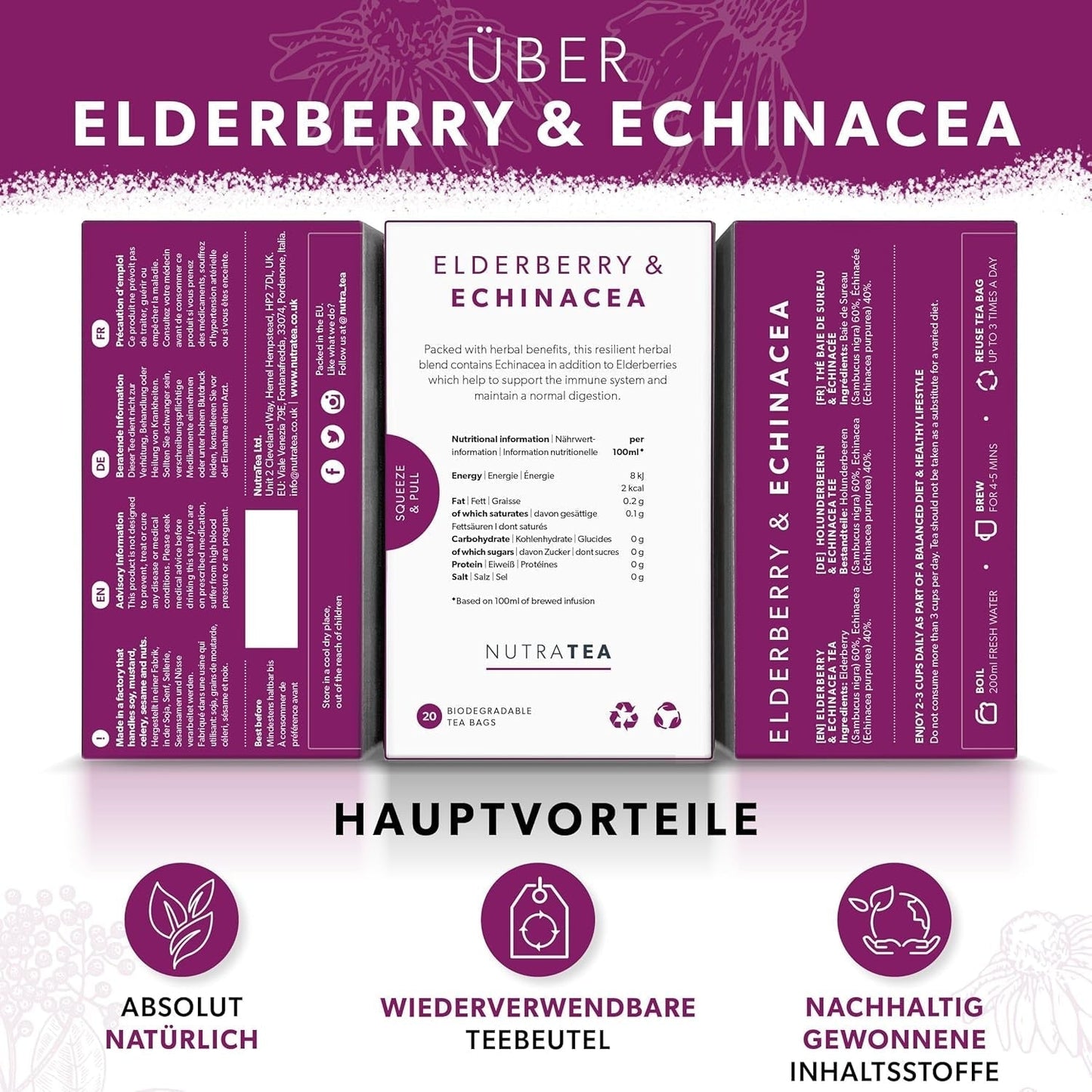 Nutra Tea Vlierbessen & Echinacea, Immuniteit & Verkoudheid Thee, Immuun Ondersteunende Thee, Koude Strijd, 20 Herbruikbare Theezakjes, Natuurlijke Kruidenthee