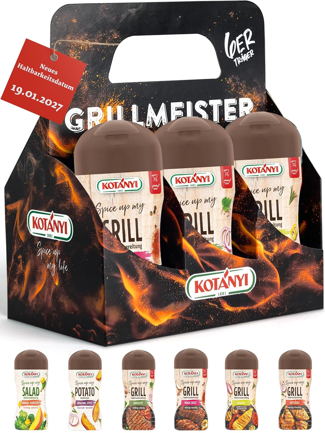 KOTÁNYI Grill Spices Gift Set - 6er Carrier - Cadeaus voor mannen - Grill Zubehör & Spice Set für jedes BBQ - Grill Zubehör inkl. Magic Dust - [Jetzt Geburtstagschenken für Männer bestellen!]
