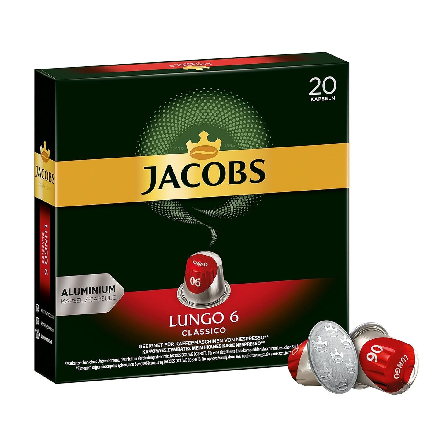Kaffeekapseln Lungo Classico, Intensität 6 van 12, 20 Nespresso®* compatibel Kapseln, 10 x 20 & Kapseln Espresso Classico, Intensität 7.100 Nespresso®* compatibel Kaffeekapseln, 10x10 Getränke