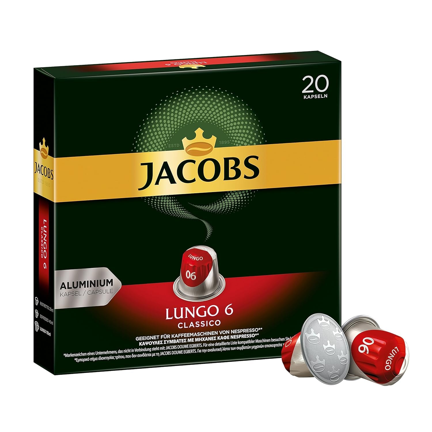 Kaffeekapseln Lungo Classico, Intensität 6 van 12, 20 Nespresso®* compatibel Kapseln, 10 x 20 & Kapseln Espresso Classico, Intensität 7.100 Nespresso®* compatibel Kaffeekapseln, 10x10 Getränke