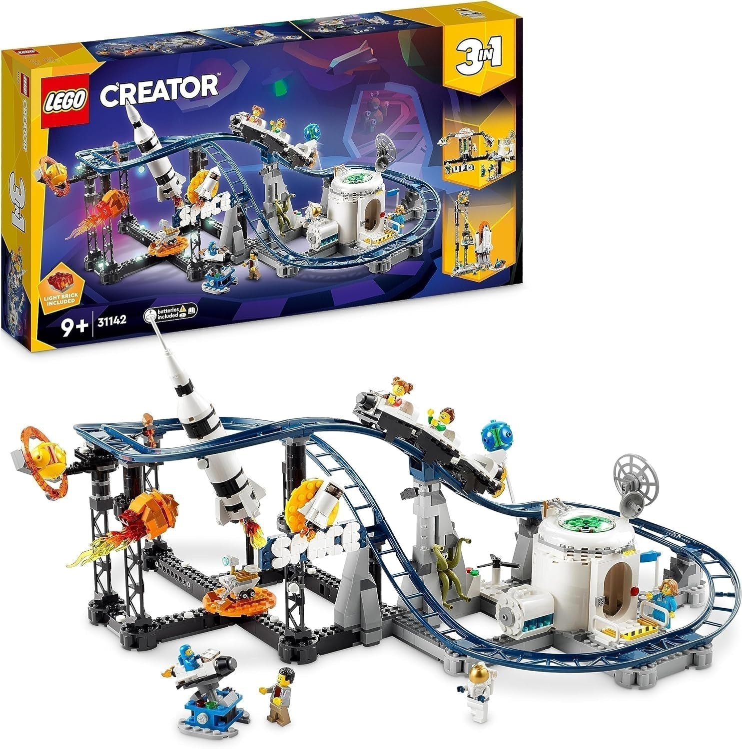LEGO 31142 Creator 3-in-1 ruimteachtbaan speelgoedset voor peuters met functionele karretjes, kan worden omgebouwd tot vrije valtoren of carrousel met raketten en gloeiende stenen Bouwsets
