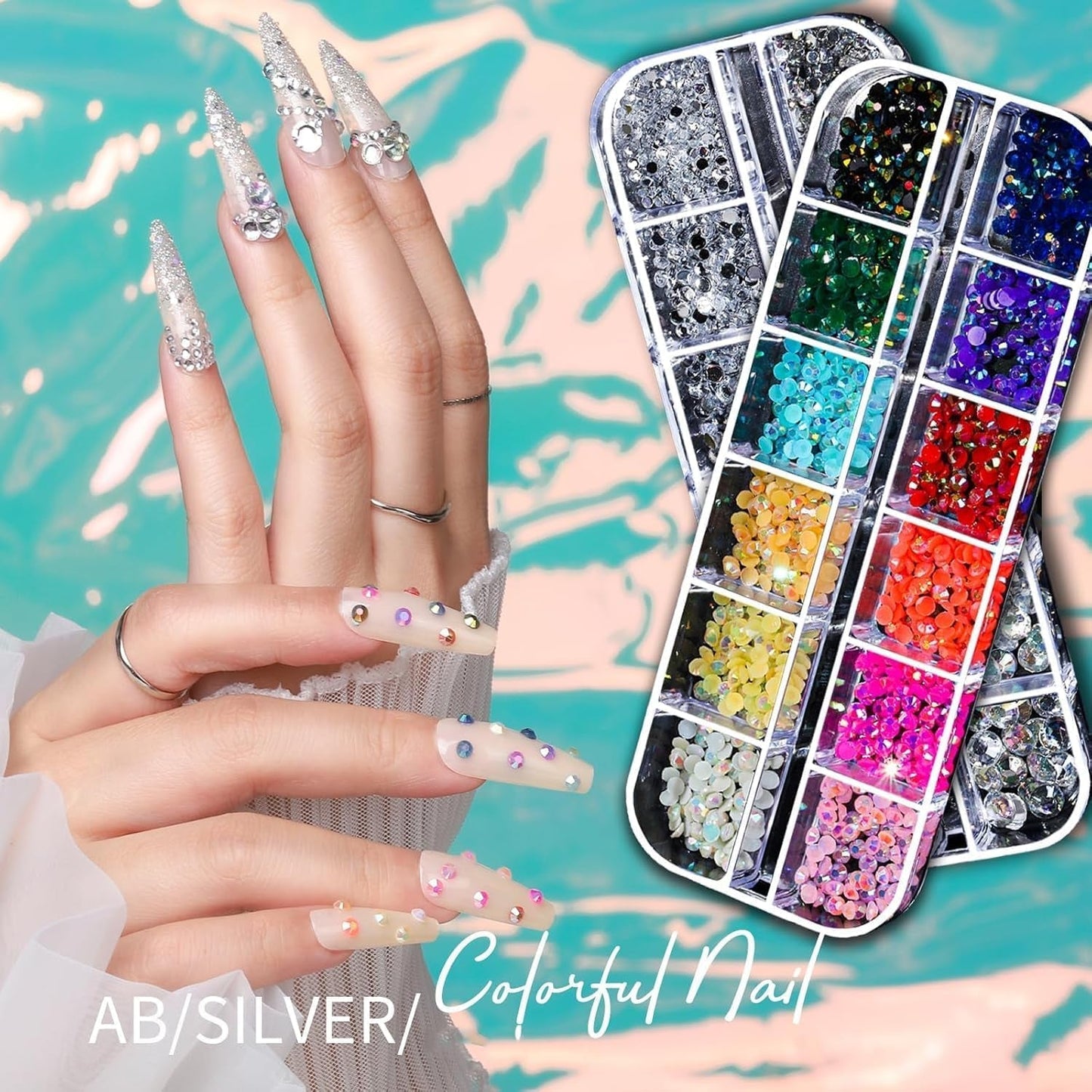 Nail Charms,6 Boxen Gold Silber Nagel Charms 3D Gold Bogen Stern Nail Art Decoratie+6200 Strasssteine ​​Bunt Steine ​​AB Perlen Diamanten,3D Legierung Bow Nail Gems Nagel Deko Für Frauen Nagel (6-A)