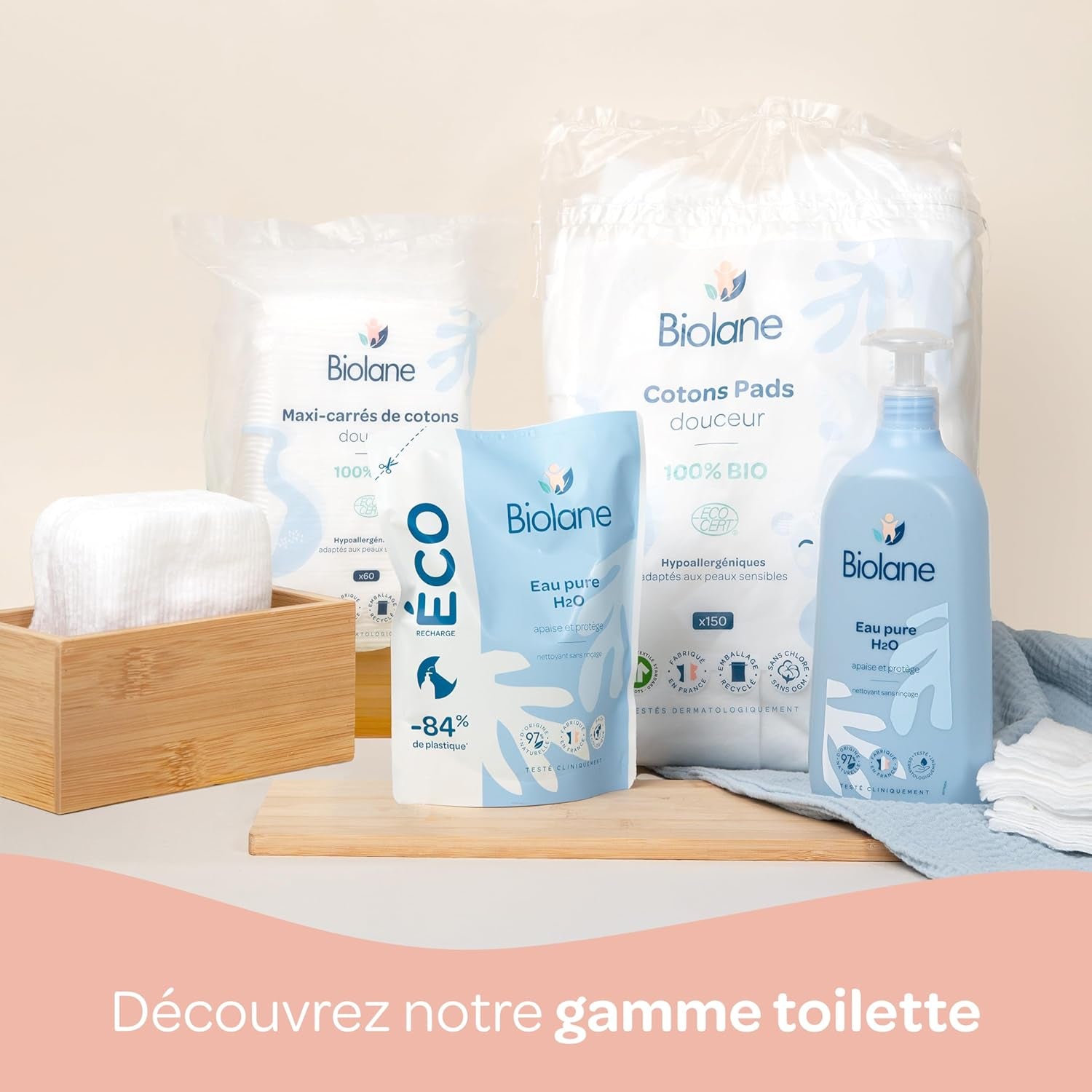 BIOLANE 12 Maxi Squares Wet Pads - Baby's - 100% Biologisch - 720 Katoen - voor de gevoelige huid - Verschoon- en Toiletartikelen - vanaf de geboorte - gemaakt in Frankrijk