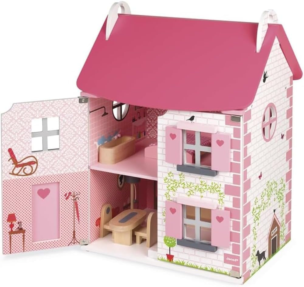 Janod Mademoiselle houten poppenhuis van 3 verdiepingen met 11 accessoires, replica speelgoed, stimuleert de fantasie, vanaf 3 jaar, J06581