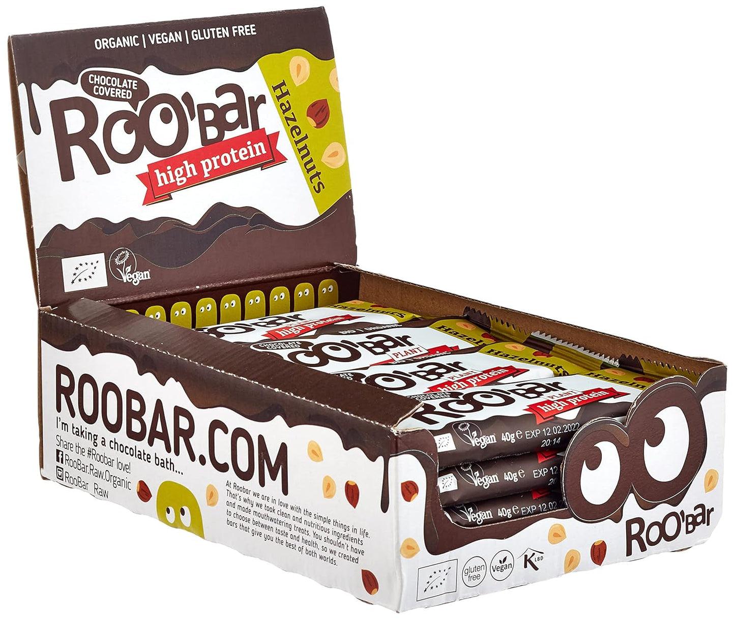 Eiwitrijke chocolade geglazuurde hazelnootrepen - 100% biologisch, veganistisch, fruitrepen, zuivelvrij, glutenvrij, geraffineerde suikervrij - 16 repen x 40 g