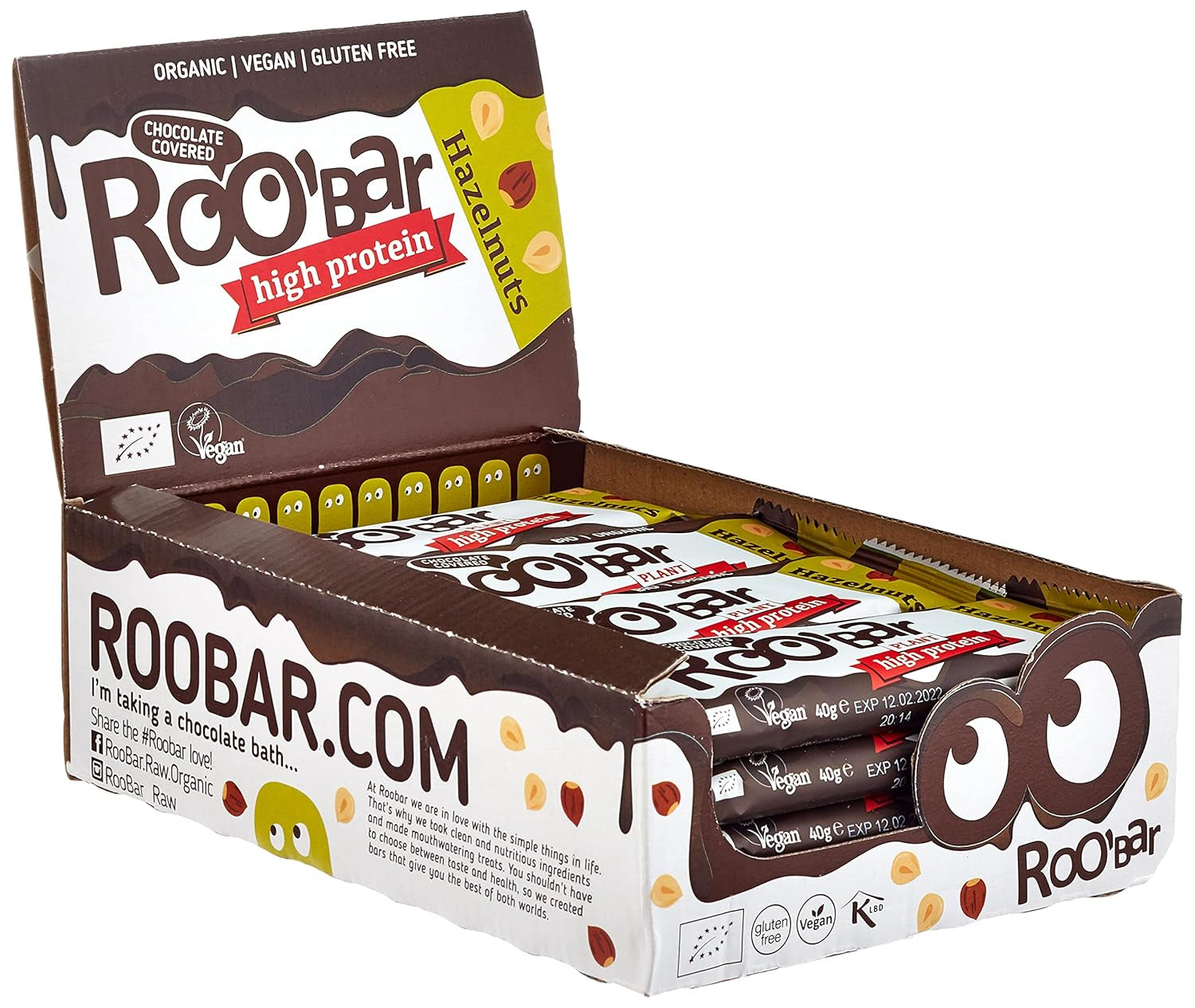 Eiwitrijke chocolade geglazuurde hazelnootrepen - 100% biologisch, veganistisch, fruitrepen, zuivelvrij, glutenvrij, geraffineerde suikervrij - 16 repen x 40 g