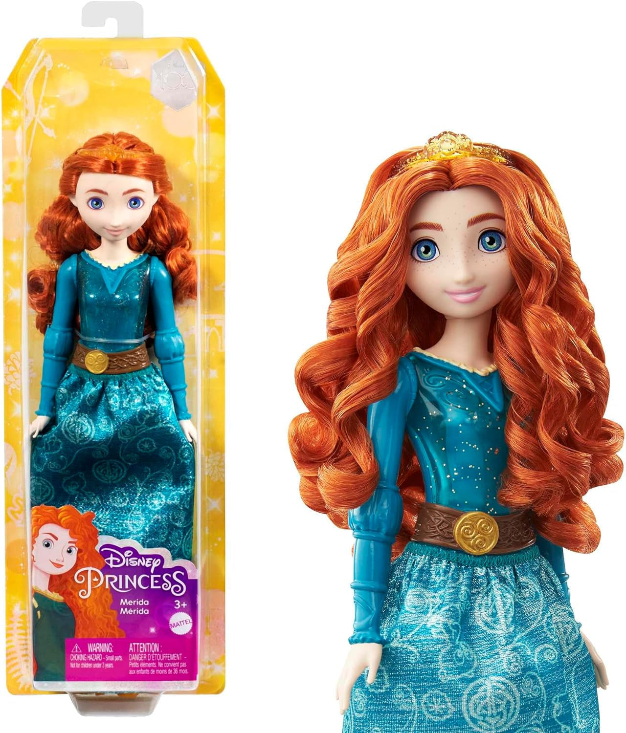 Mattel DISNEY Prinses Aurora - Pop met typische outfit, afneembare schoenen en tiara, glittertopje en afneembare rok met patroon, lang stylebaar haar, HLW09 Naty Shop Merida-poppen