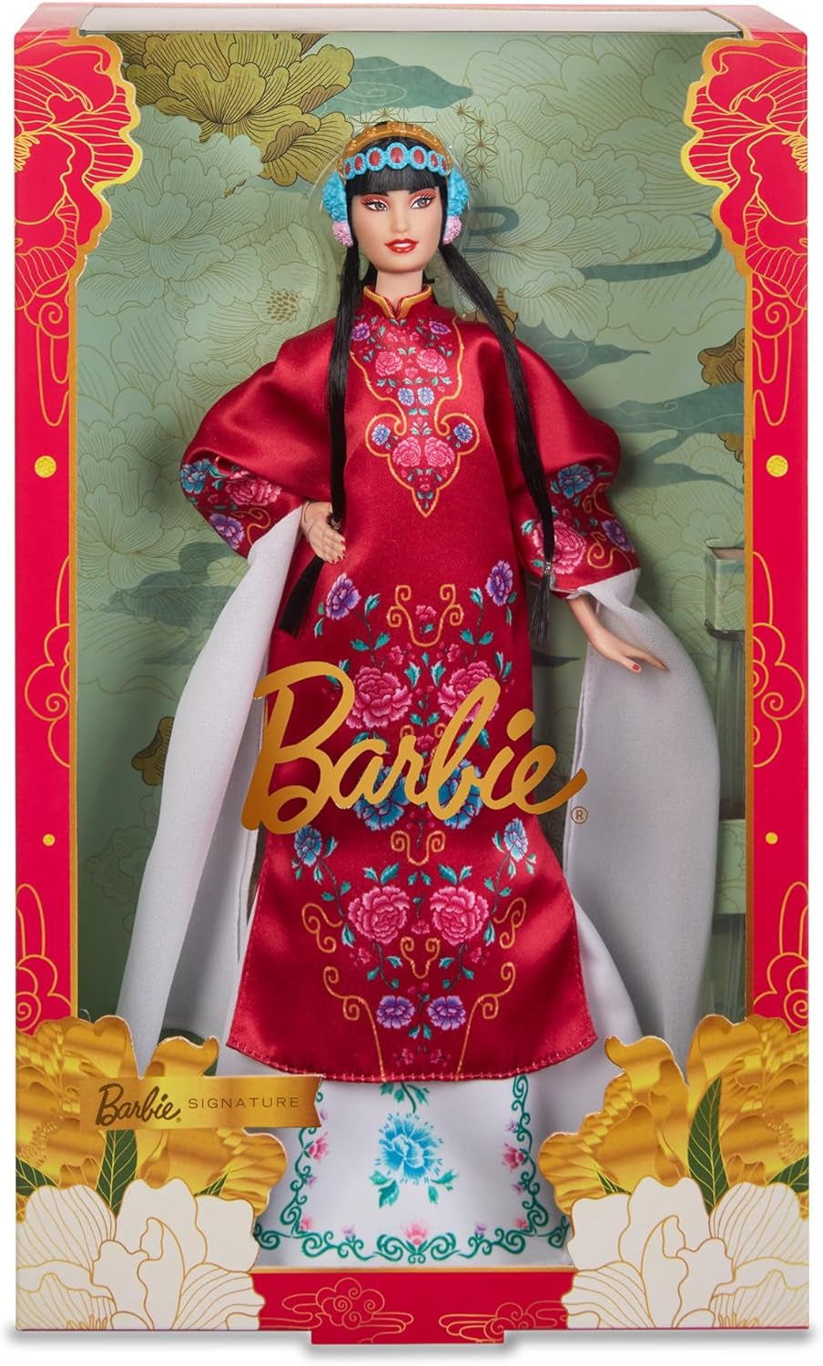 BARBIE Maannieuwjaar Barbie Puppe - Traditionelles Kleid in glücksbringendem Rot mit Pfingstrosenmuster, cyanblaue Schuhe mit pinken Troddeln, geïnspireerd door der Peking-Oper, HRM57