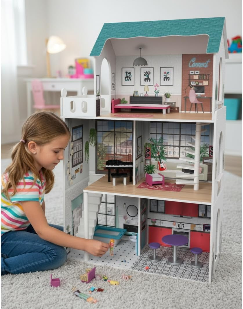 Soho-Madera design poppenhuis van 3 verdiepingen met 8 meubelstukken, afmetingen 120 x 33 x 75 cm (913D00181)