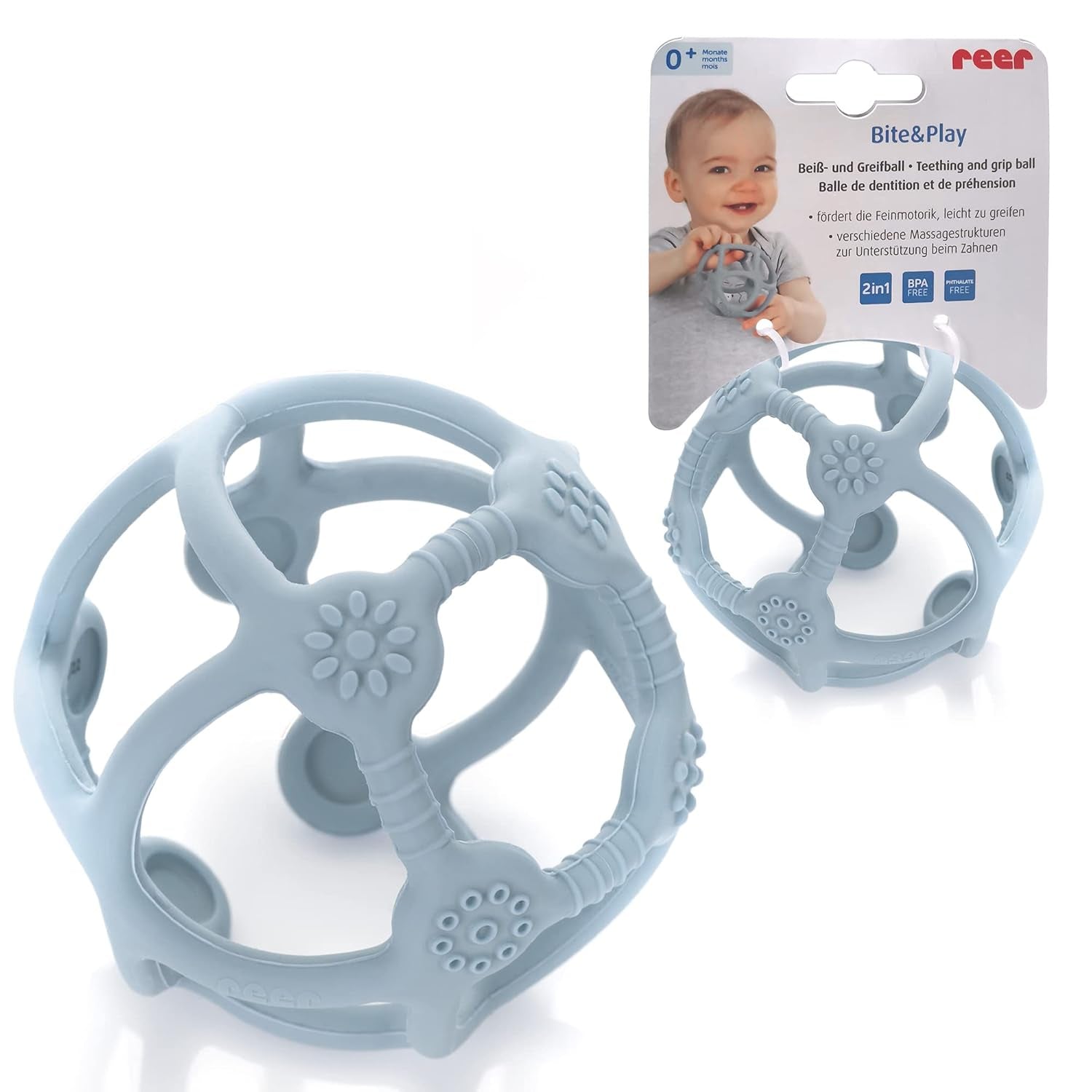 Reer Bite&Play Baby Bijtring Bal en Catcher, Bijtring en speelgoed voor peuters, geweldig cadeau