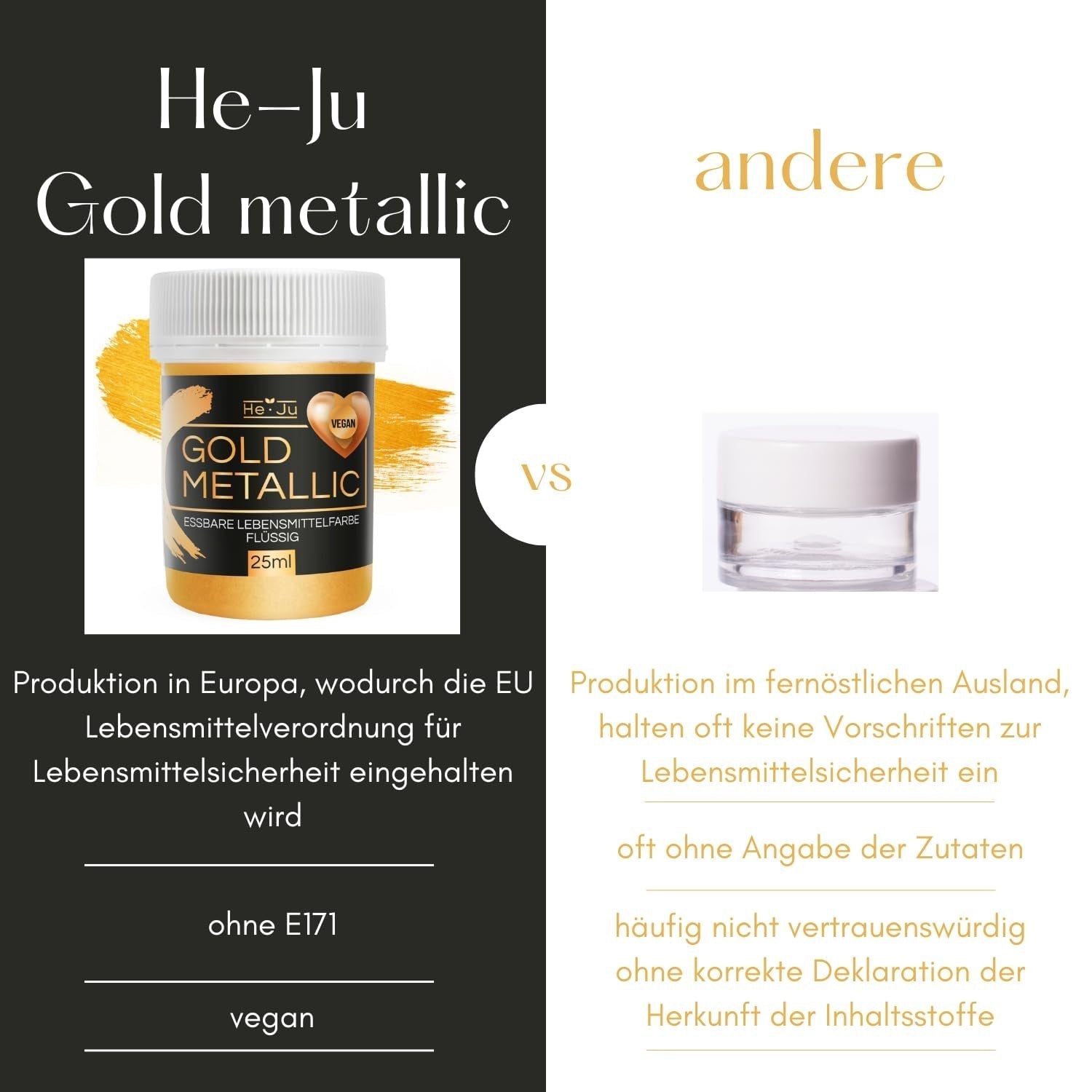 He-Ju Metallic Gold vloeibare kleurstof voor levensmiddelen 25 ml, eetbare glitter voor drankjes en eten (metallic goud, 25 ml)