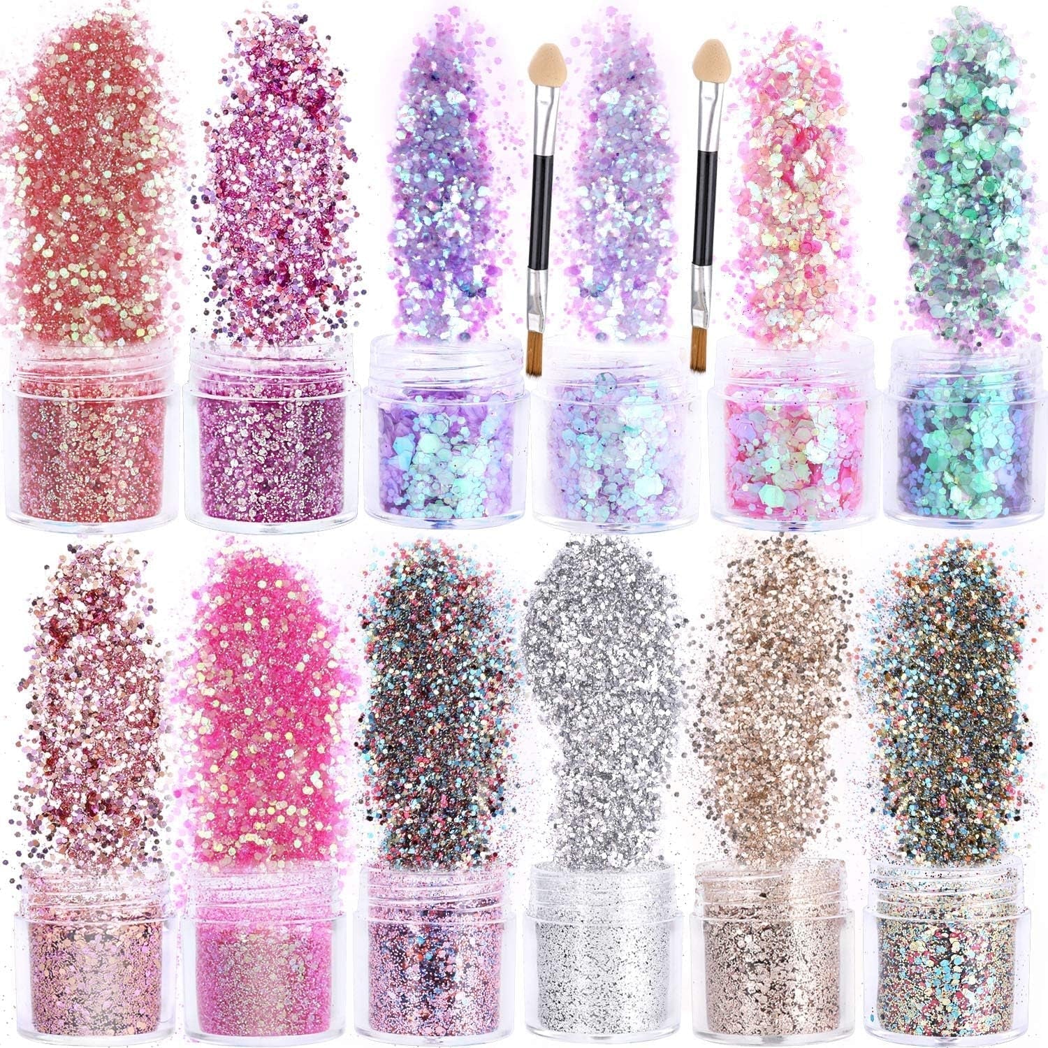 HOWAF 12 Dozen Nagelglitter Gezicht Lichaamsborstel Glittermake-up Nagelglitter Oog Lip Haar Lichaamsdecoratie Halloween Kerstfestival Maskerade Make-up Accessoires