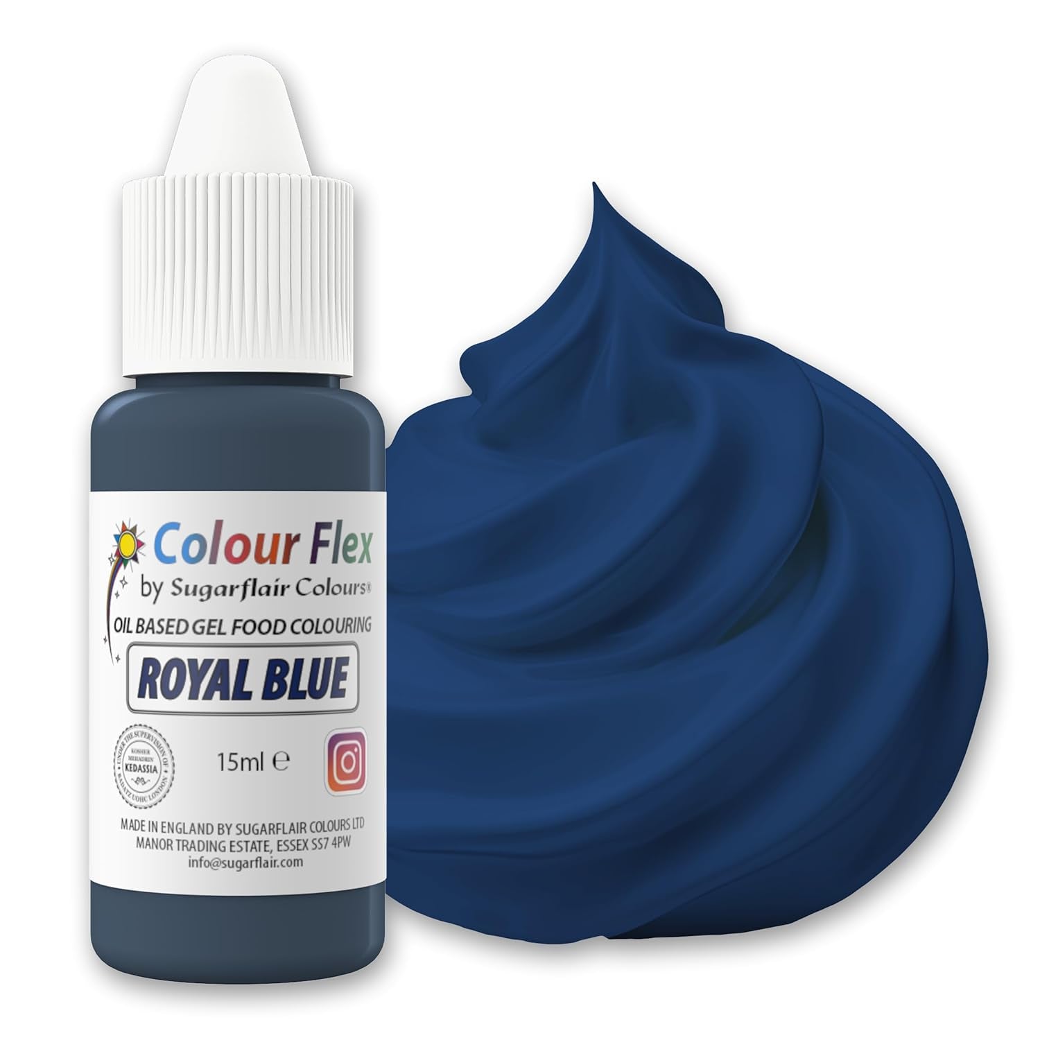 Sugarflair Colourflex op olie gebaseerde voedingskleurstof, koningsblauw, sterk geconcentreerde vloeibare voedingskleurstof, voedingskleurstof voor botercrème, chocolade, deeg, fondant, glazuur en meer - 15 ml