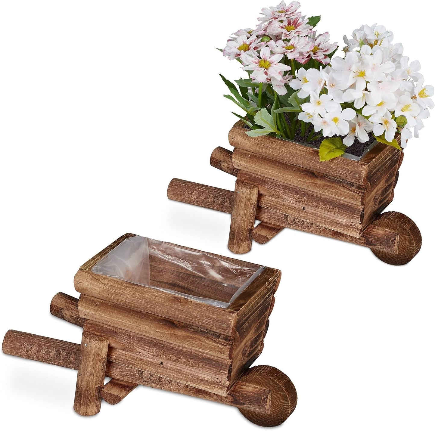 Relaxdays plantenbak kruiwagen, set van 2, tuindecoratie, H x B x D: 12,5 x 26 x 12 cm, bloemenwagen voor planten, hout, natuurlijk