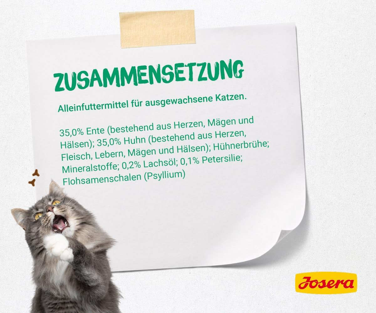 JOSERA Paté van eend en kip met peterselie (16 x 85 g) | Volwassene | Premium natvoer voor volwassen katten | Paté van eend en kip | Zalmolie | Geen granen | Natvoer voor katten in verse zakjes | Pak van 16