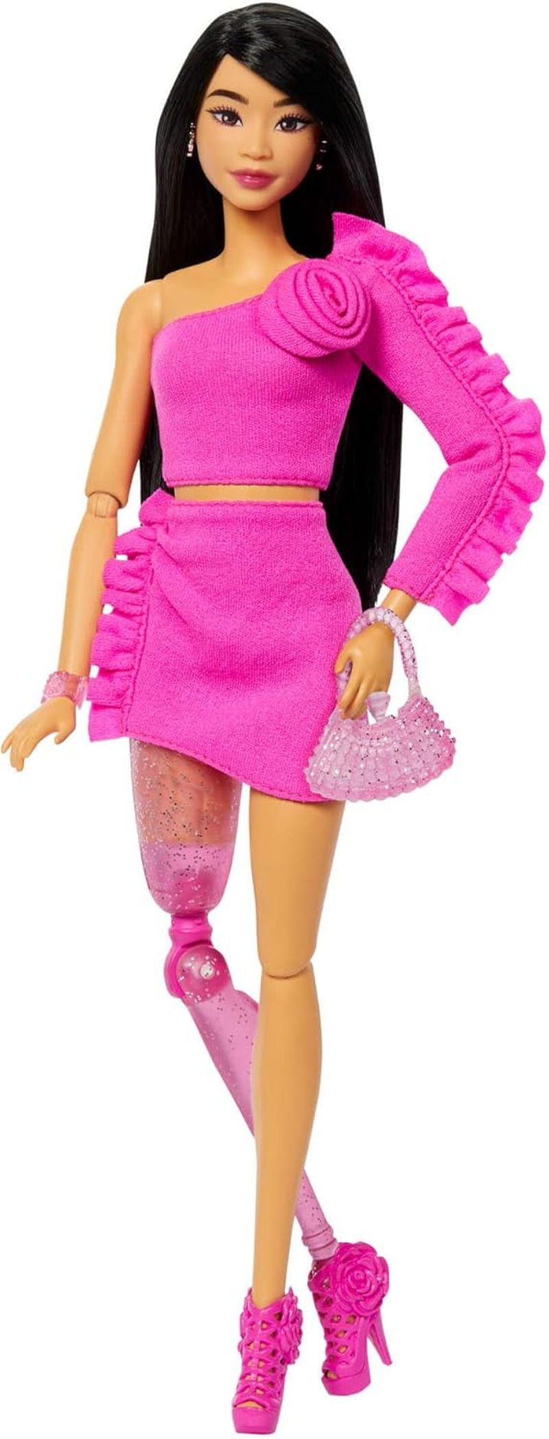 Barbiepop Deluxe Stijlnr. 3 met Barbiecore-outfit, blond haar in hoge knot, pastelroze jurk met oversized strik en accessoires zoals visnetpanty's, HYV27 Naty Shop Dolls Black