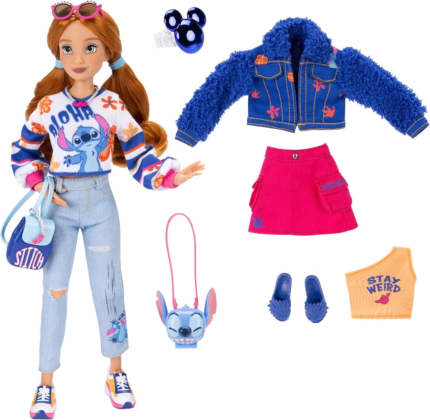 Disney ILY 4EVER Stitch-modepoppen met rood haar, 29 cm lang, met 13 scharnierpunten, twee complete mix-en-match-outfits en een sprankelende Mickey-ring voor jou!