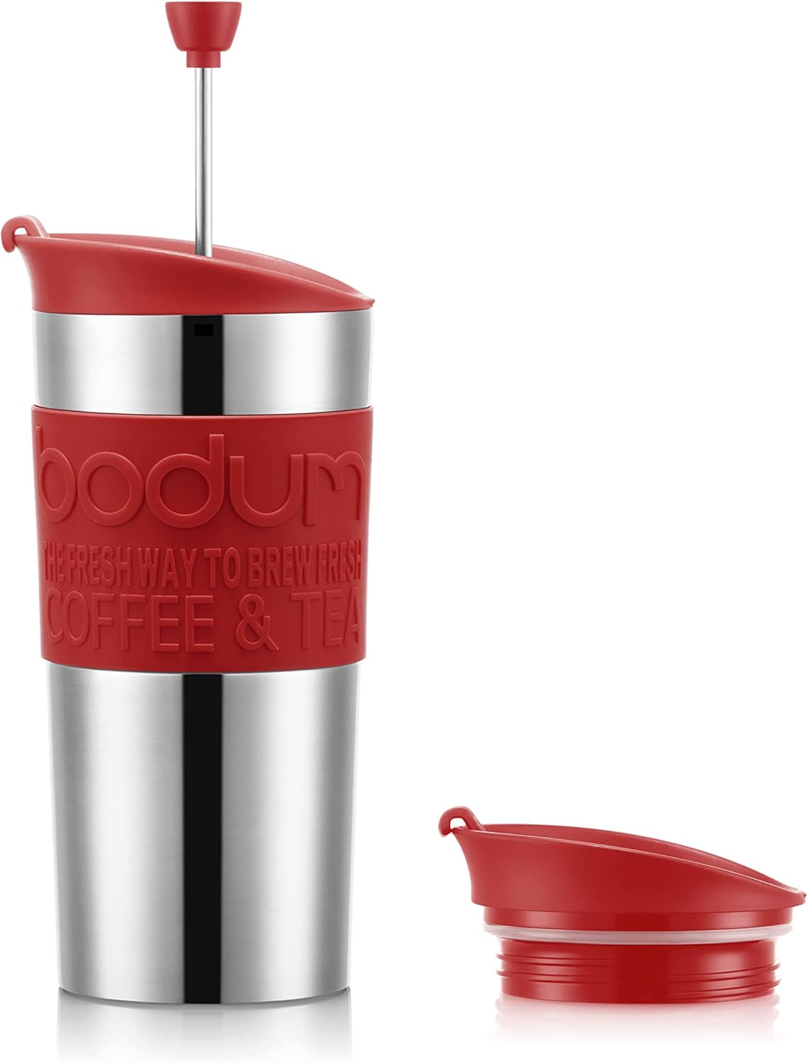 Thermomok Bodum K11067-04 TRAVEL PRESS SET, dubbelwandig, roestvrij staal, extra deksel, 0,35 l, rood