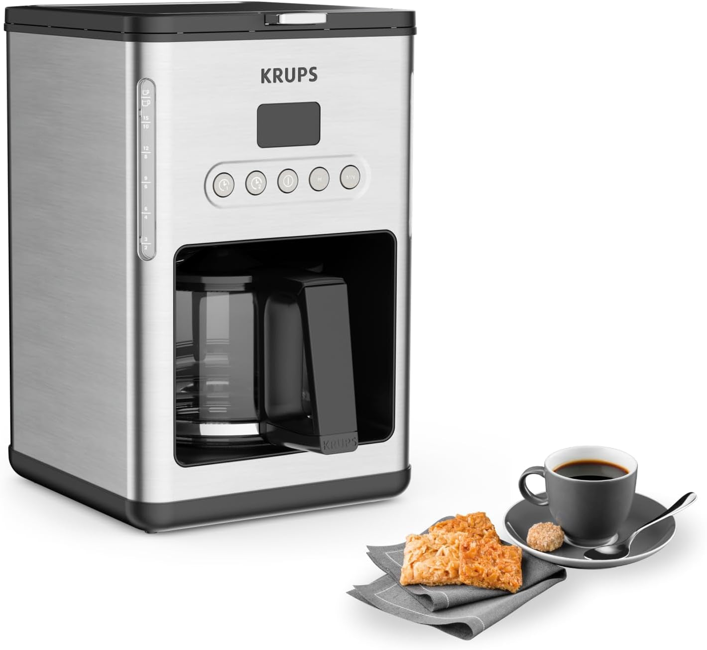 Koffie-espressomachine met filter Krups KM442D Premium | 10-15 kopjes | 1000 watt | programmeerbaar | warmhoudfunctie | roestvrij staal | zwart