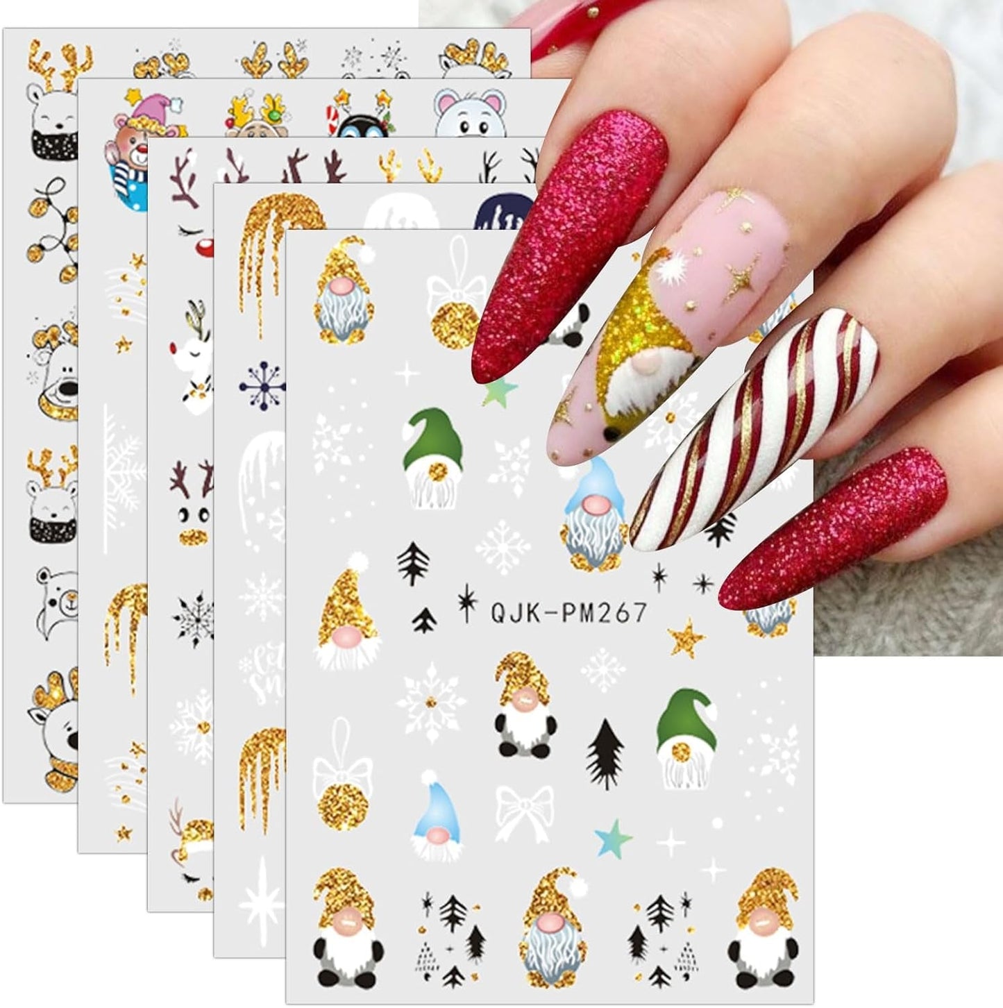 JMEOWIO Nagelsticker Weihnachten 10 Blatt Nail Art Sticker Selbstklebend Nagelaufkleber Glitter Schneeflocke Xmas Winter Urlaub Gold Decoratie Nageldesign Zubehör