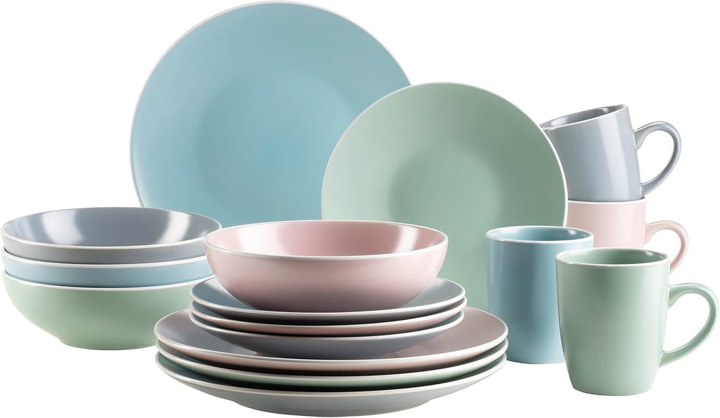 MÄSER 934006 Elissa-serie, moderne serviesset voor 4 in gekleurde matte glazuren met witte rand, 16-delige combinatieset, steengoed, veelkleurig, grijs, turkoois, roze, groen