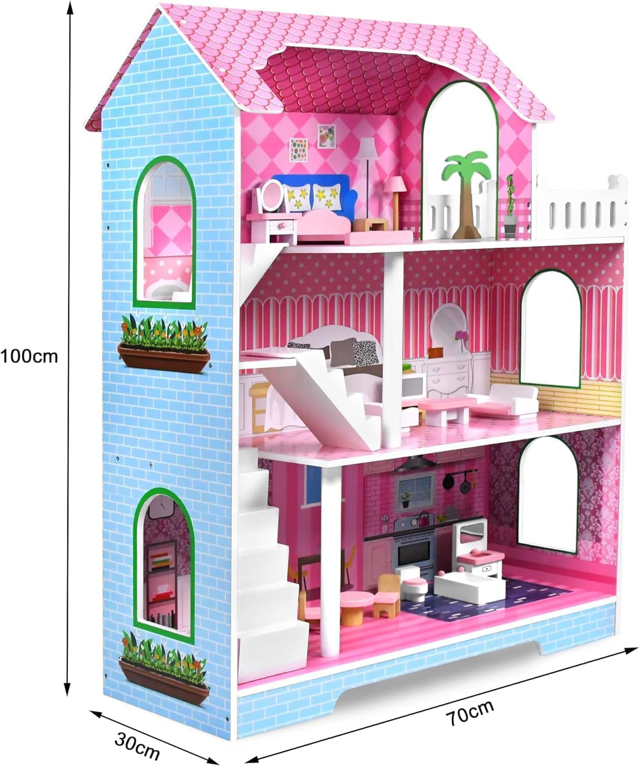 HENGMEI Puppenhaus Kinder Holz Puppenvilla poppenhuisset Mädchen Spielset 3 Etagen Haus mit Möbeln und Zubehör, 70x30x100cm Puppenhäuser für Kinder (Typ B)