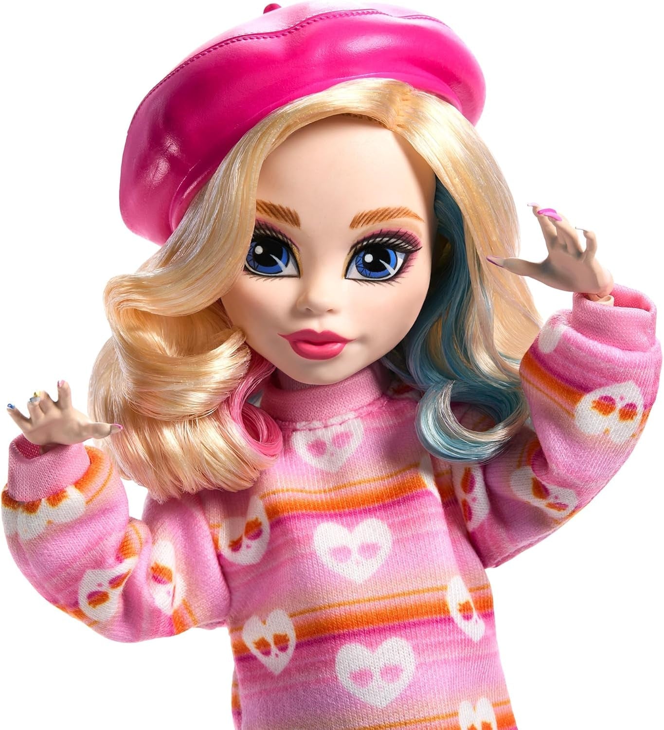Monster High Wednesday-pop en accessoires Roze Enid Sinclair verzamelfiguur met baret en rugzak Poppenstandaard HXJ05