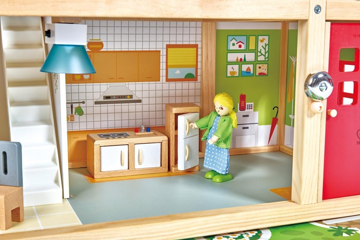 Hape Poppenvilla Houten poppenhuis met 10 kamers Creatief rollenspel inclusief meubels en accessoires Educatief speelgoed voor kinderen vanaf 3 jaar