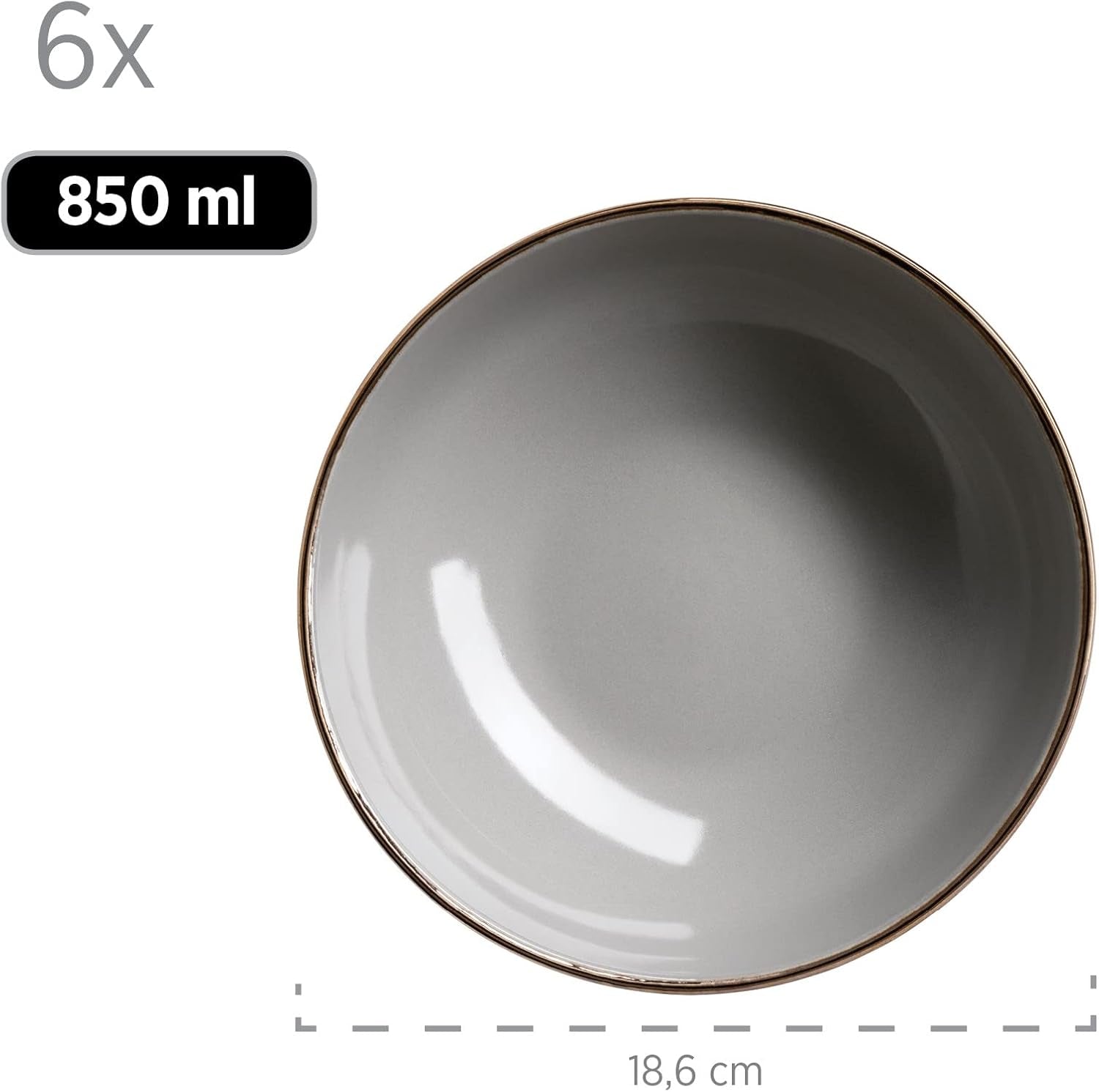 MÄSER Metalen frame, Modern 6-persoons servies met messingkleurig frame, 24-delig combinatieservies met randloze bekervormen, Steengoed, Grijs
