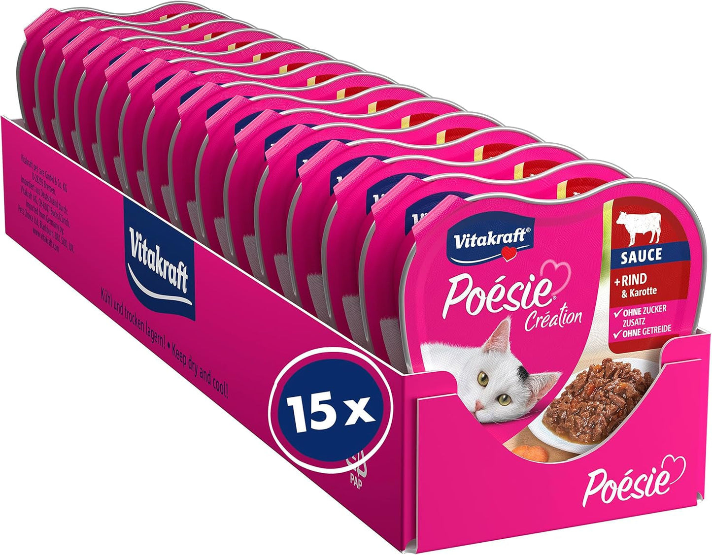 Vitakraft Poésie Création, nat kattenvoer, natvoer in saus, met rundvlees en wortel, grootverpakking, zonder toegevoegde suiker of granen (15 x 85 g)