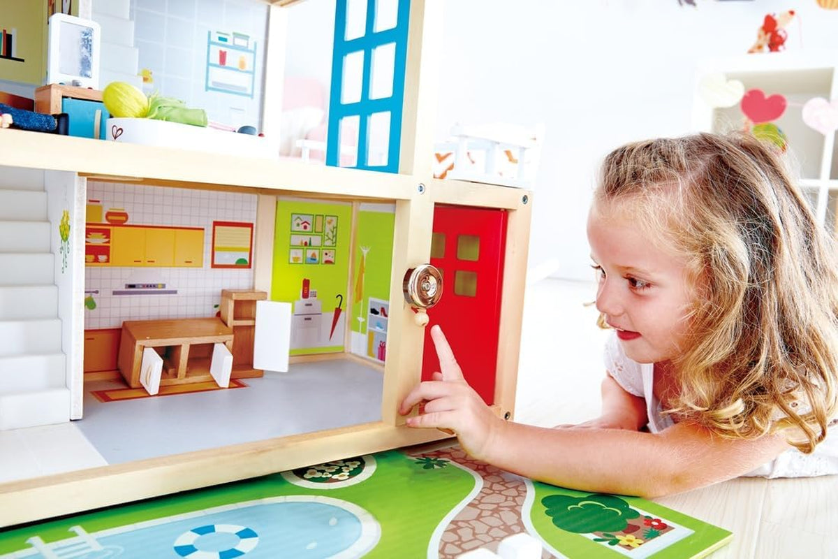 Hape Poppenvilla Houten poppenhuis met 10 kamers Creatief rollenspel inclusief meubels en accessoires Educatief speelgoed voor kinderen vanaf 3 jaar