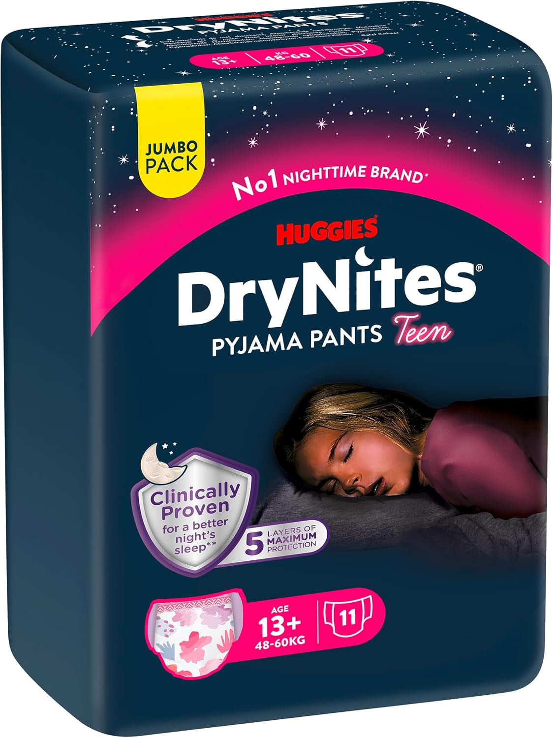 Huggies DryNites Nachtelijke bedplasluiers voor meisjes van 13 tot ongeveer 17 jaar (48-60 kg) 33 stuks (3 x 11) Jumbo Maandpakket XL Luierslips