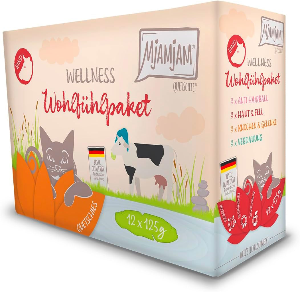 MjAMjAM - Premium natvoer voor katten - Wellness Pack Rundvlees, 12 stuks (12 x 125 g), graanvrij met extra vlees